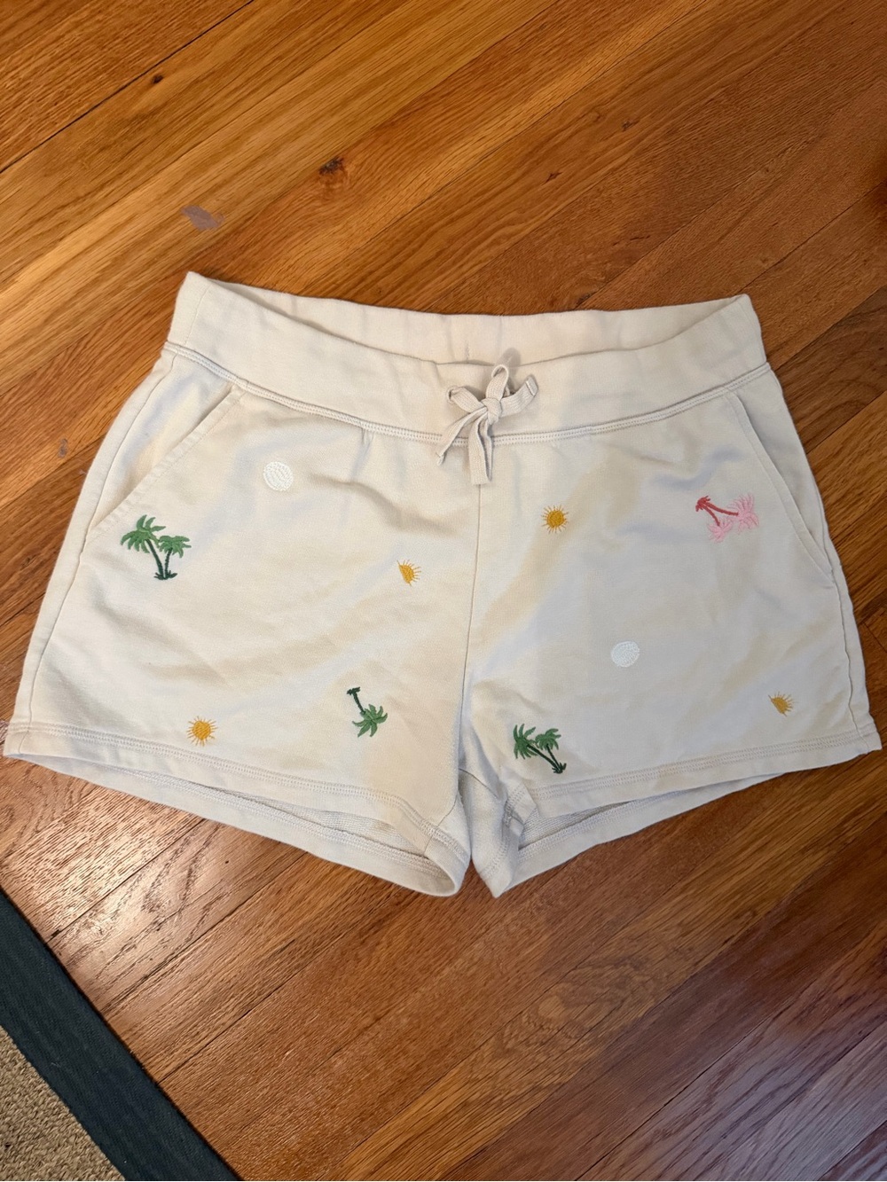 Old Navy Cream Athletic Shorts with Embroidered Tropical Accents